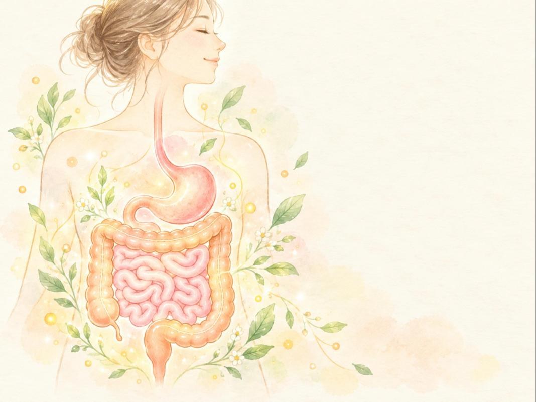 女性の体の中の、食道・胃・小腸・大腸の位置を描いた水彩イラスト
