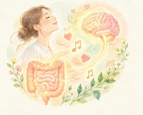 脳と腸が光る糸でつながっているイラスト